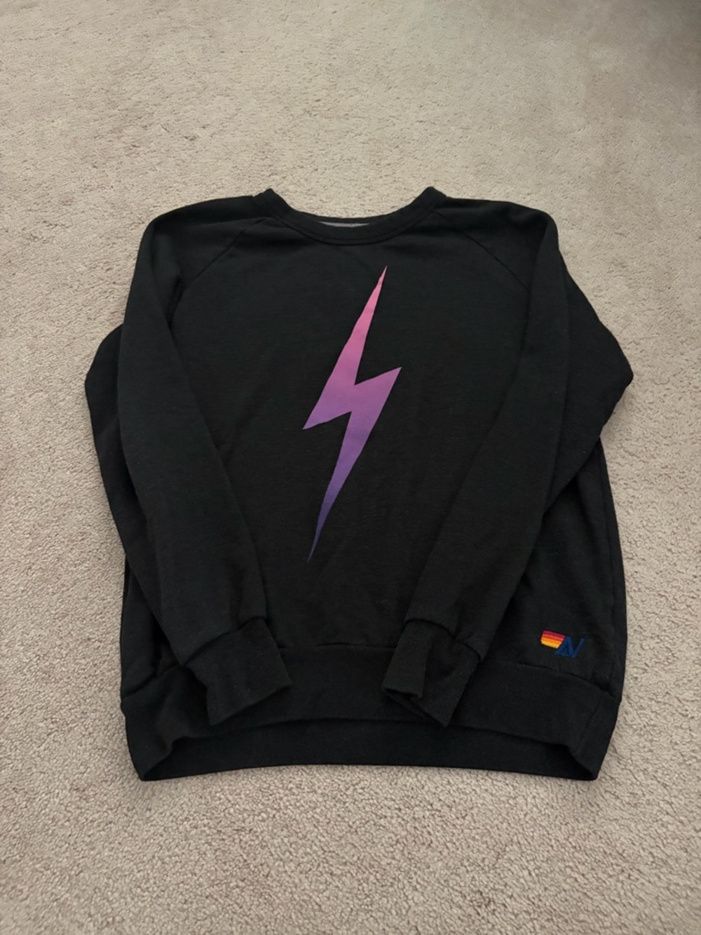 Aviator Nation Black Crewneck with Purple Gradient Lightning Bolt